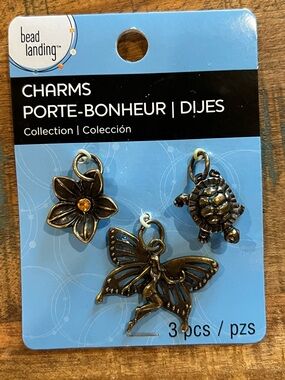 3 Charm Bundle Bronze Tone Fairy Turtle Tortoise Flower NWT